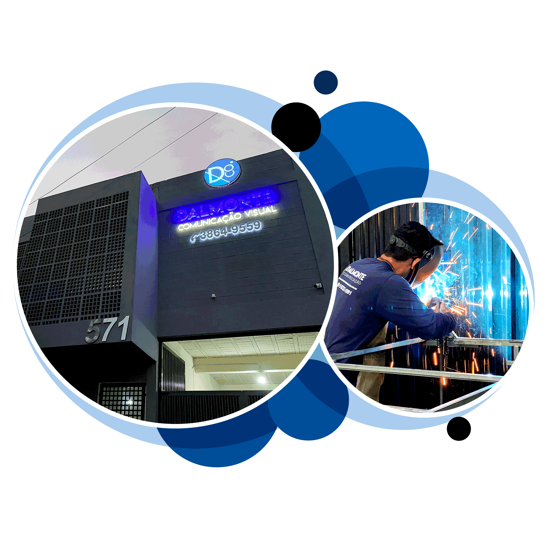 Montagem com imagem da fachada da empresa Dalmonte Comunicação Visual e funcionário em produção